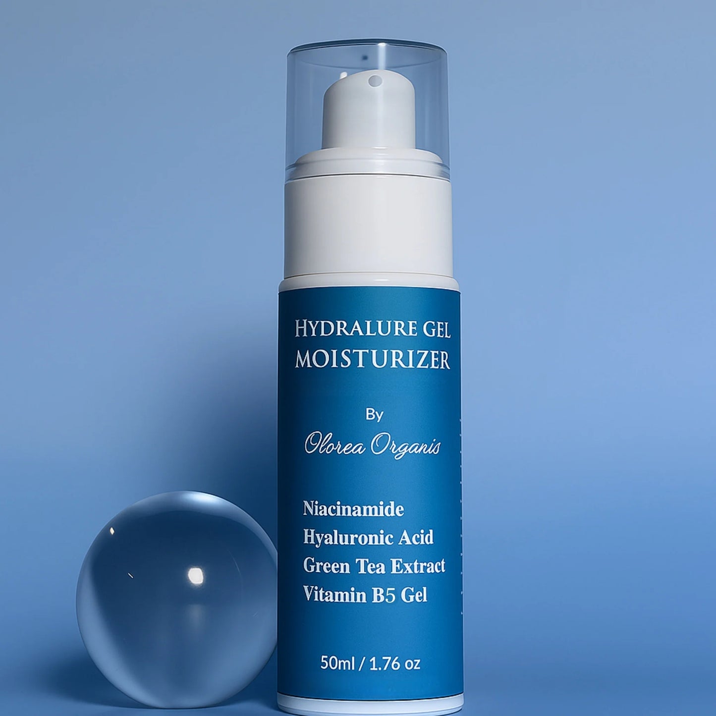 Hydralure Gel Moisturizer bottle with blue label on a blue background