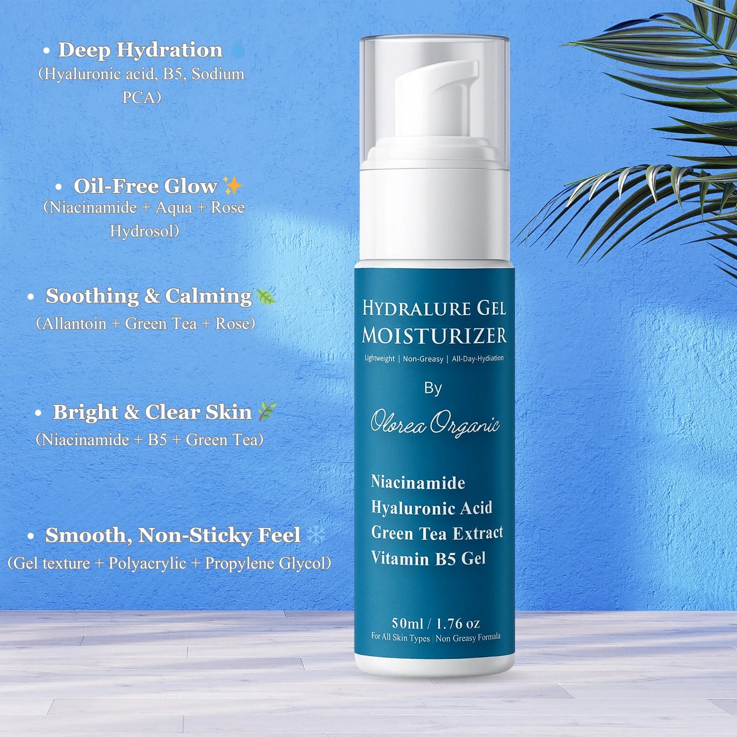Hydration skincare product with blue label and white pump on a light blue background and benefits