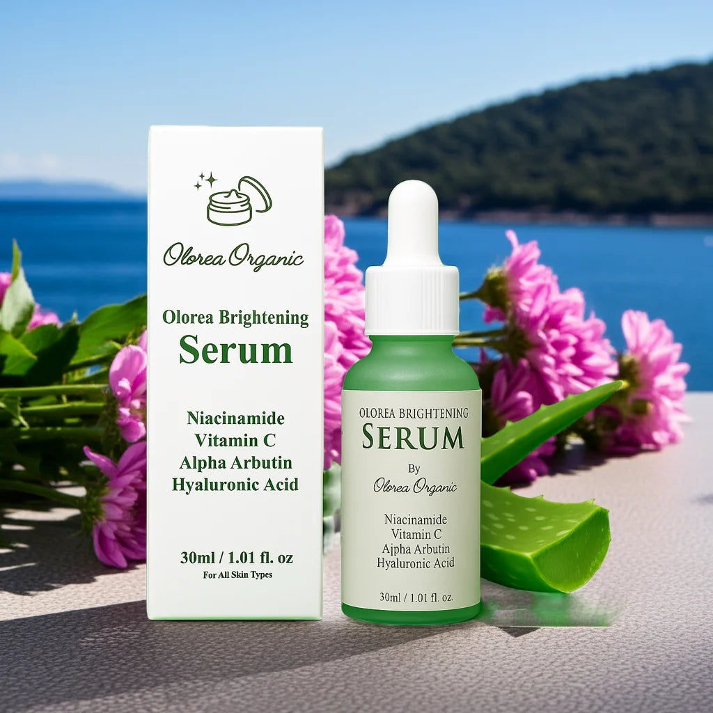 Olorea Organic Brightening Serum with packaging against a scenic background