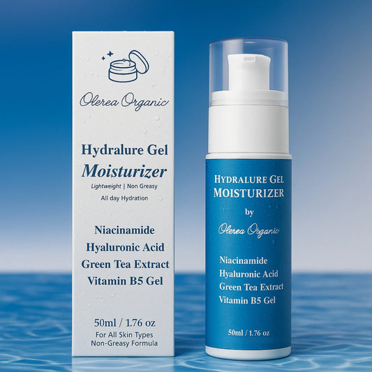 Hydralure Gel Moisturizer by Olerea Organic with packaging on a blue water background